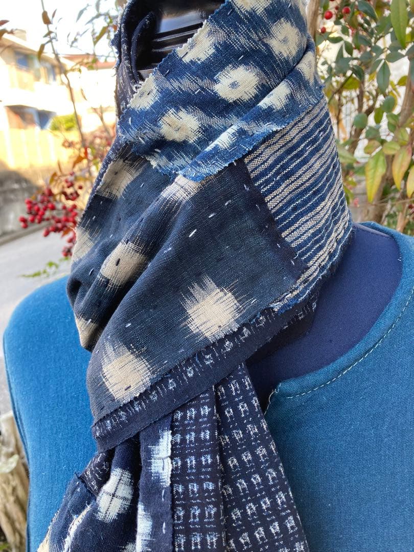 B43 襤褸　ストール　古布　リメイク　藍染　絣　パッチワーク　継ぎ接ぎ　刺し子