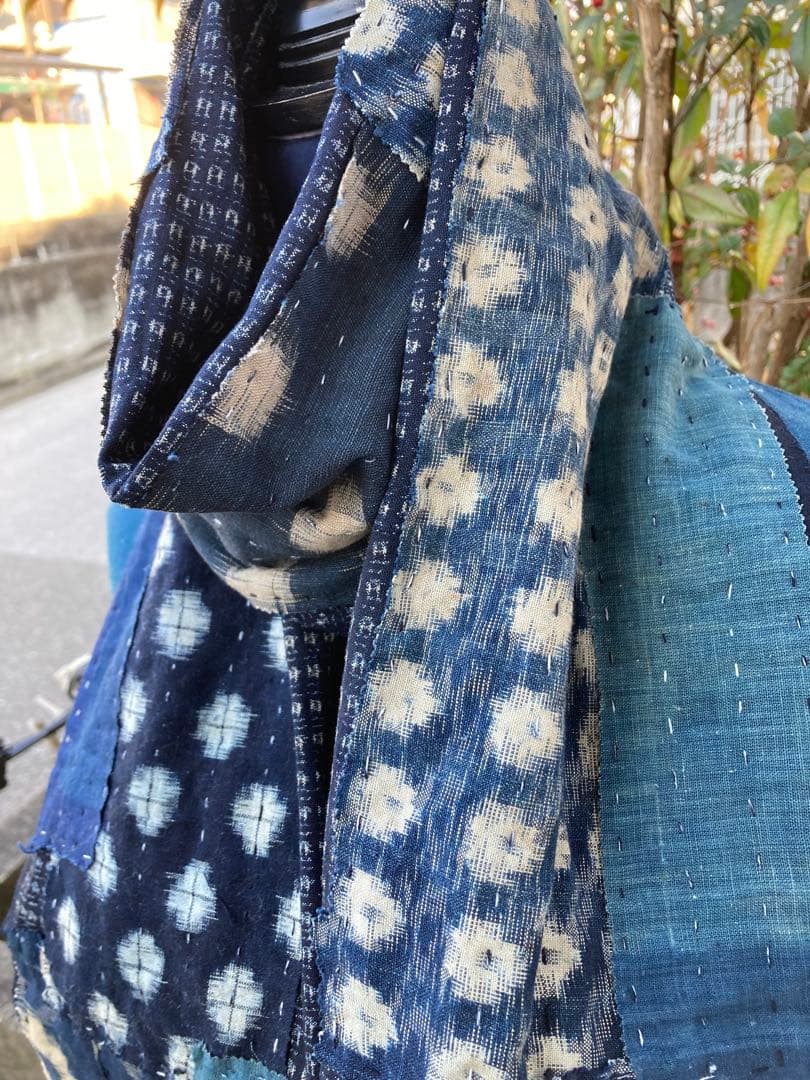 B43 襤褸　ストール　古布　リメイク　藍染　絣　パッチワーク　継ぎ接ぎ　刺し子