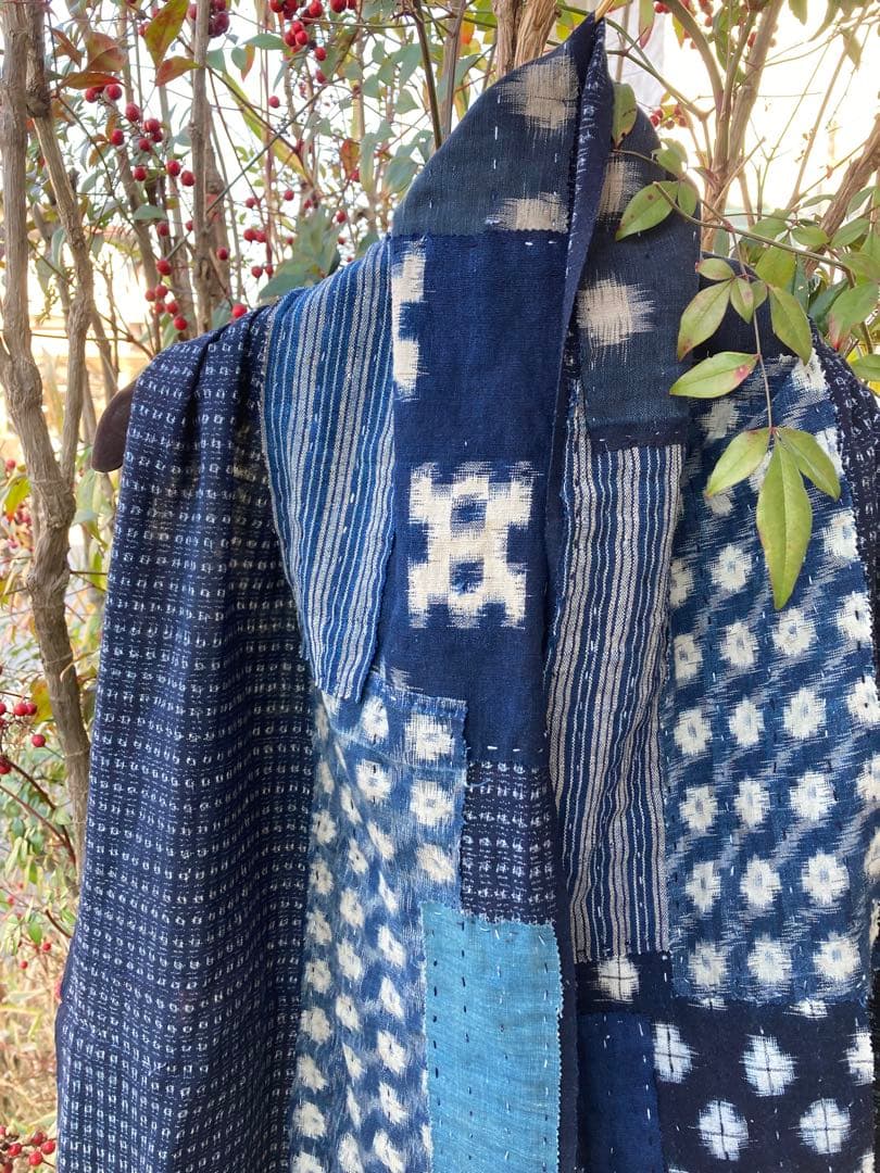 B43 襤褸　ストール　古布　リメイク　藍染　絣　パッチワーク　継ぎ接ぎ　刺し子
