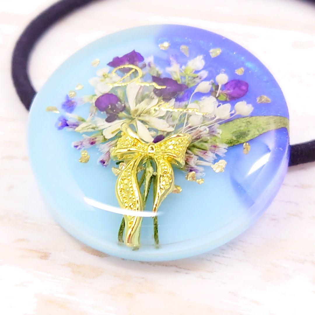 花束ヘアゴム❁ハンドメイド レジン ブルー×パールブルー リボン 押し花 お花