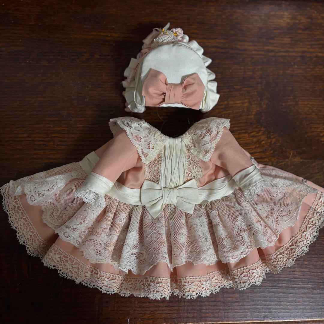 アンティークドール ビスクドール ドレス ボネ シルク ピンク レース