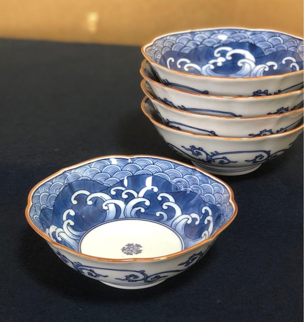 割引!《レ》有田焼 源右衛門作 輪花 染付四海波 小鉢5客 共箱251201お2