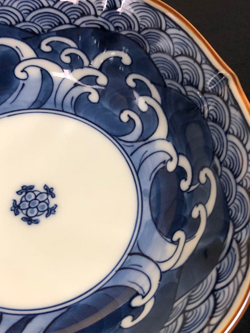 割引!《レ》有田焼 源右衛門作 輪花 染付四海波 小鉢5客 共箱251201お2