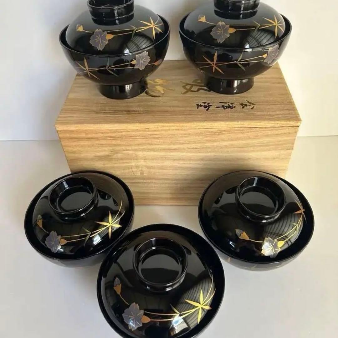 ( 高級) 会津本漆塗 蓋付き お吸い物椀 天然木加工 漆器椀 5客セット