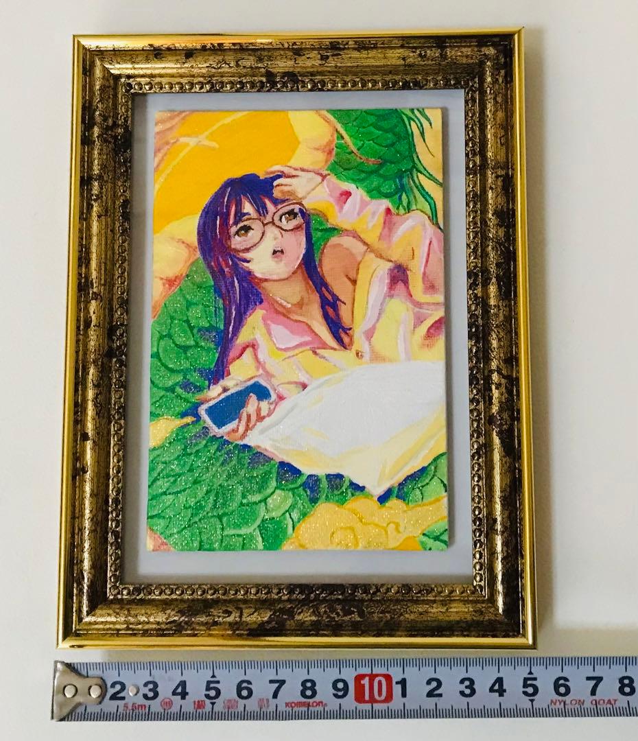 【原画】手書きイラスト「休息」アクリル画 額装済み グロスバーニッシュ仕上げ