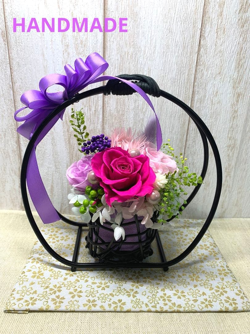 HANDMADE プリザーブドフラワー アレンジメント 花籠 薔薇