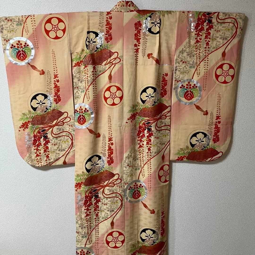 七五三　7歳　ハーフ成人式　子ども着物　アンティーク　正絹　アイボリー