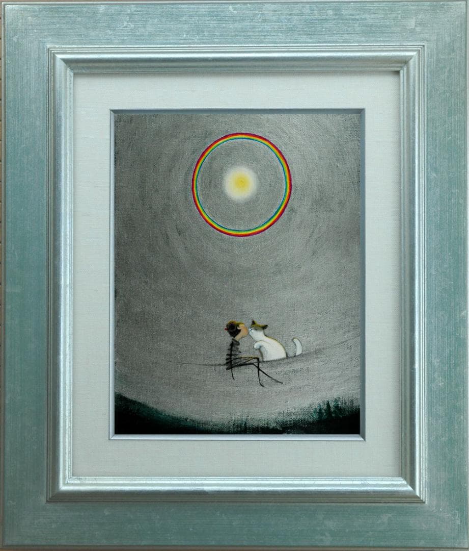 油絵 菅家令子絵 絵画インテリア額付(青緑＋金色の枠)F3-031019猫女の子