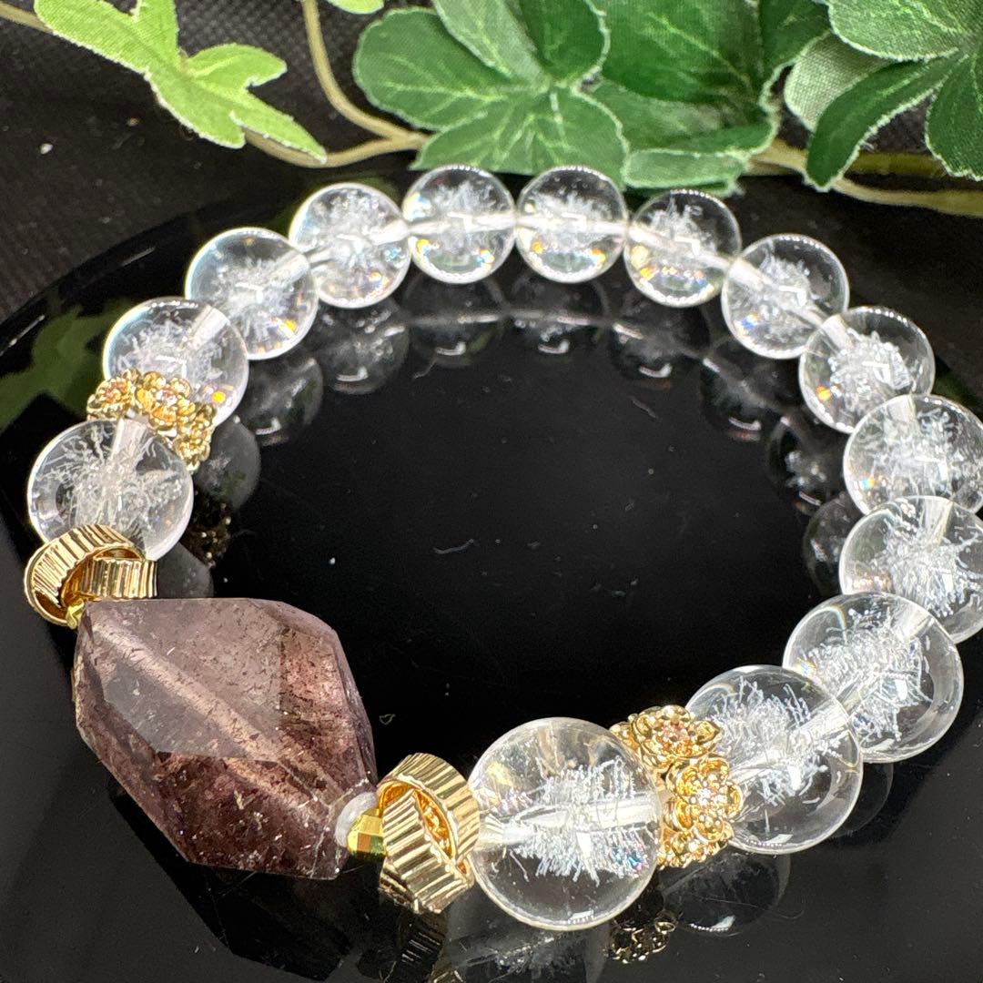 水晶レーザー彫刻　雪の結晶　スーパーセブン　ブレスレット