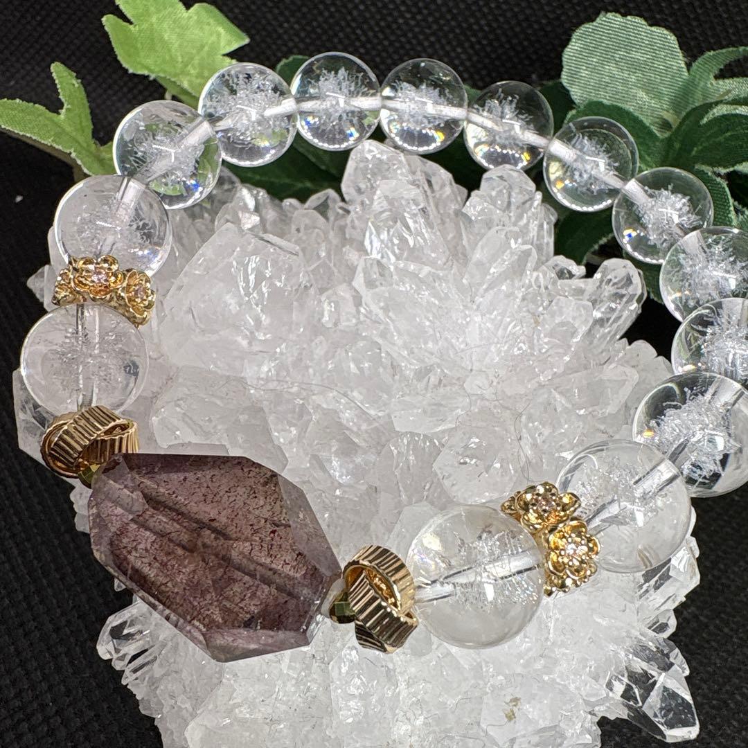 水晶レーザー彫刻　雪の結晶　スーパーセブン　ブレスレット