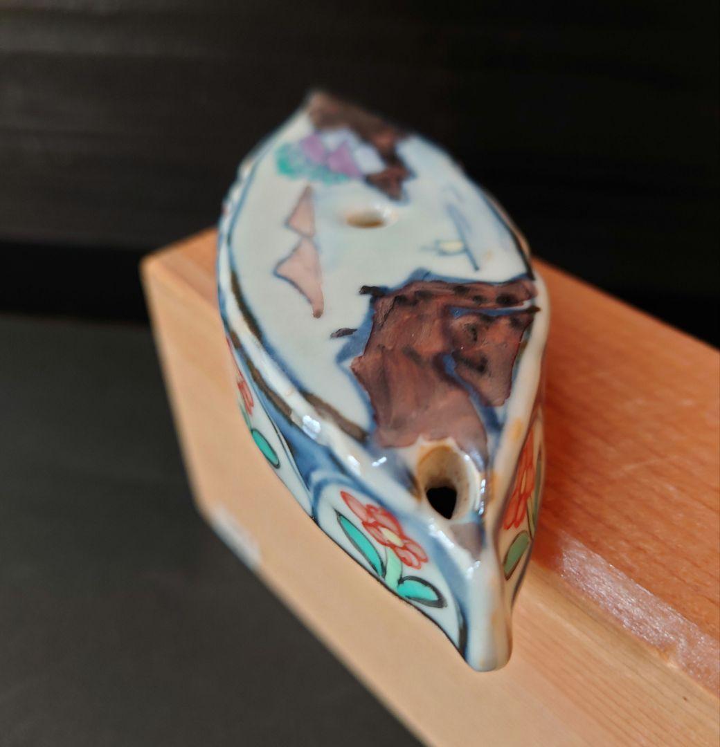 ​五代 佐藤走波 染錦山水 葉水滴 有田焼 共箱 未使用 書道具 小鳥　文房四宝