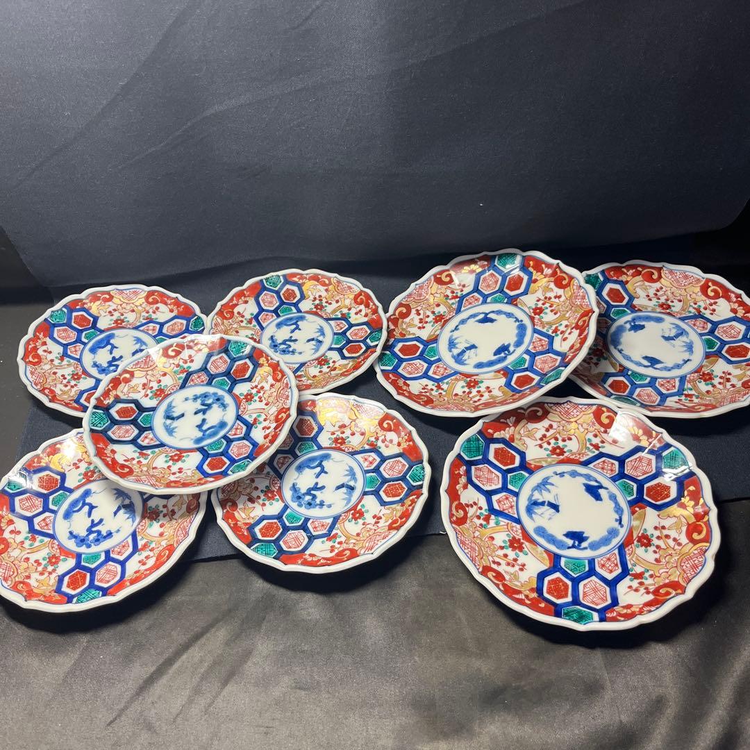 有田焼　古伊万里　可愛い花柄模様 多色花柄八角形皿8枚セット