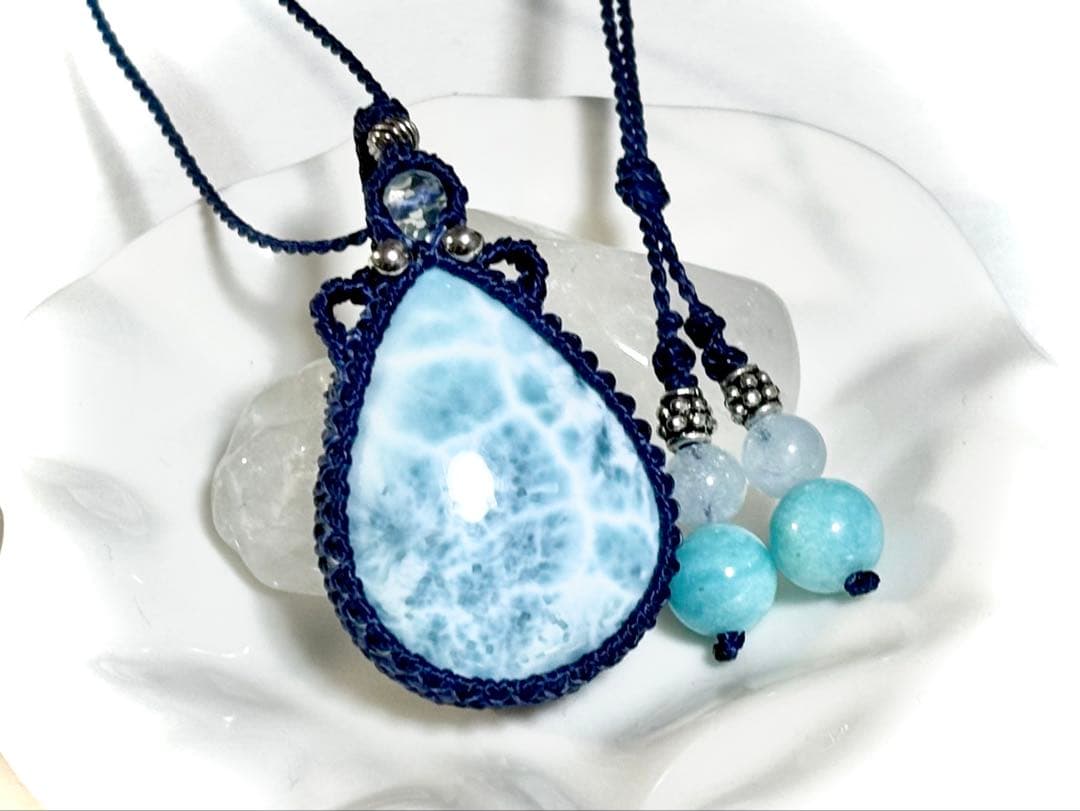 ラリマー　マクラメ　ペンダント　ネックレス　大きめ♪