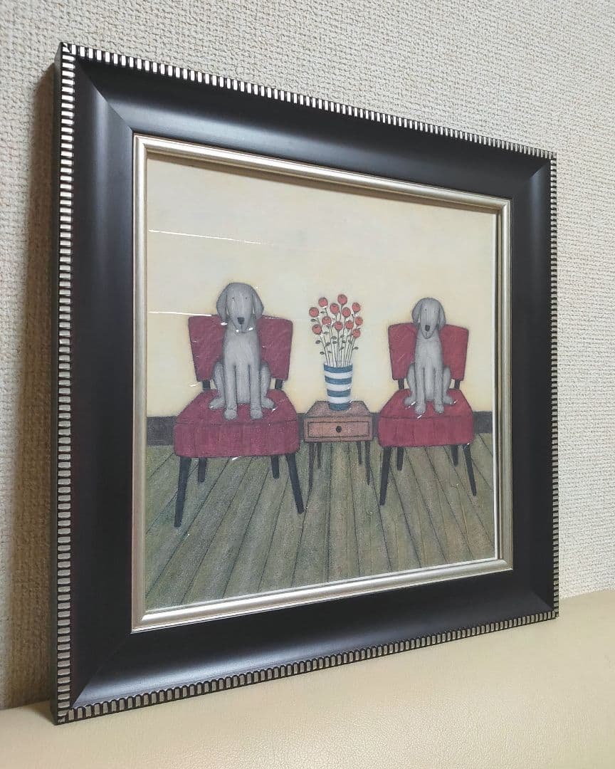 【美品】犬 絵画 ワイマラナー 額装 樹脂加工 アンティーク調