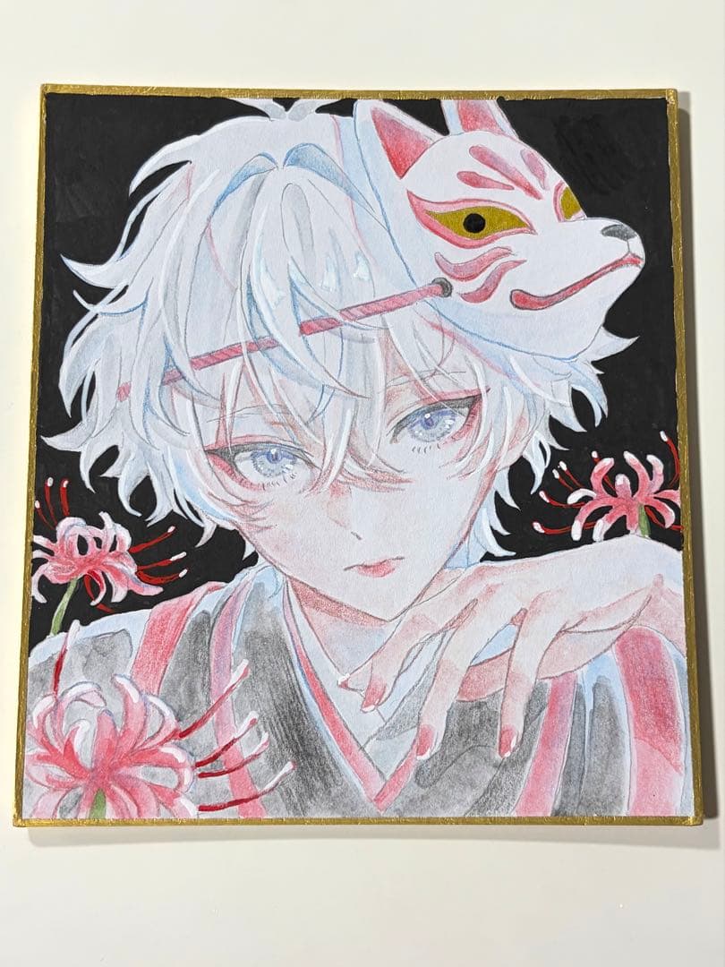 m*可様 オリジナル手描きイラスト　少年と狐面、彼岸花