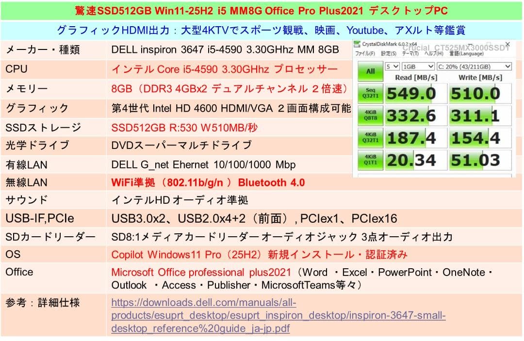 驚速【整備済み品】 SSD512G M8G Win11 Officeビジネス