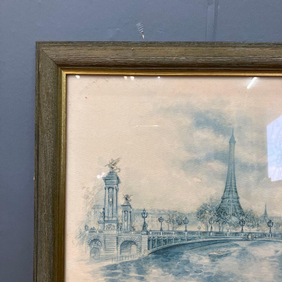 パリ風景画 エッフェル塔とアレクサンドル3世橋 水彩画 複製画 額装品