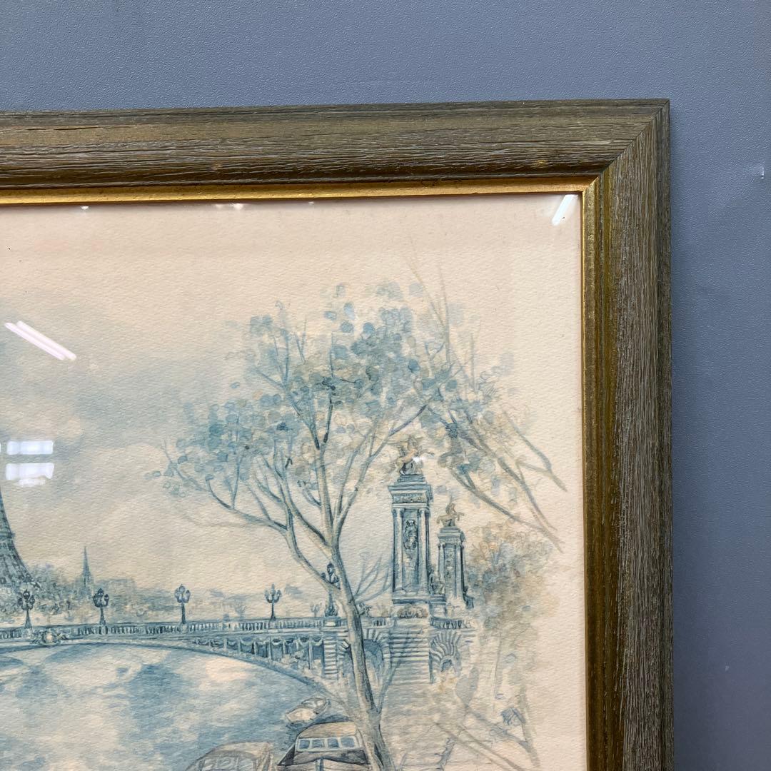 パリ風景画 エッフェル塔とアレクサンドル3世橋 水彩画 複製画 額装品