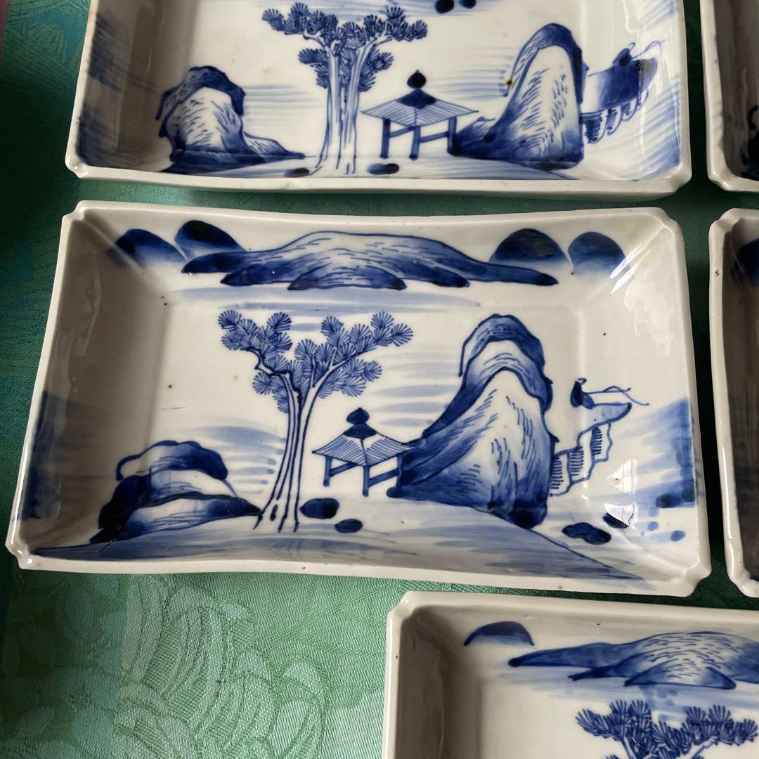 【古伊万里 染付 山水図 長角皿 5客揃（江戸時代末期）】