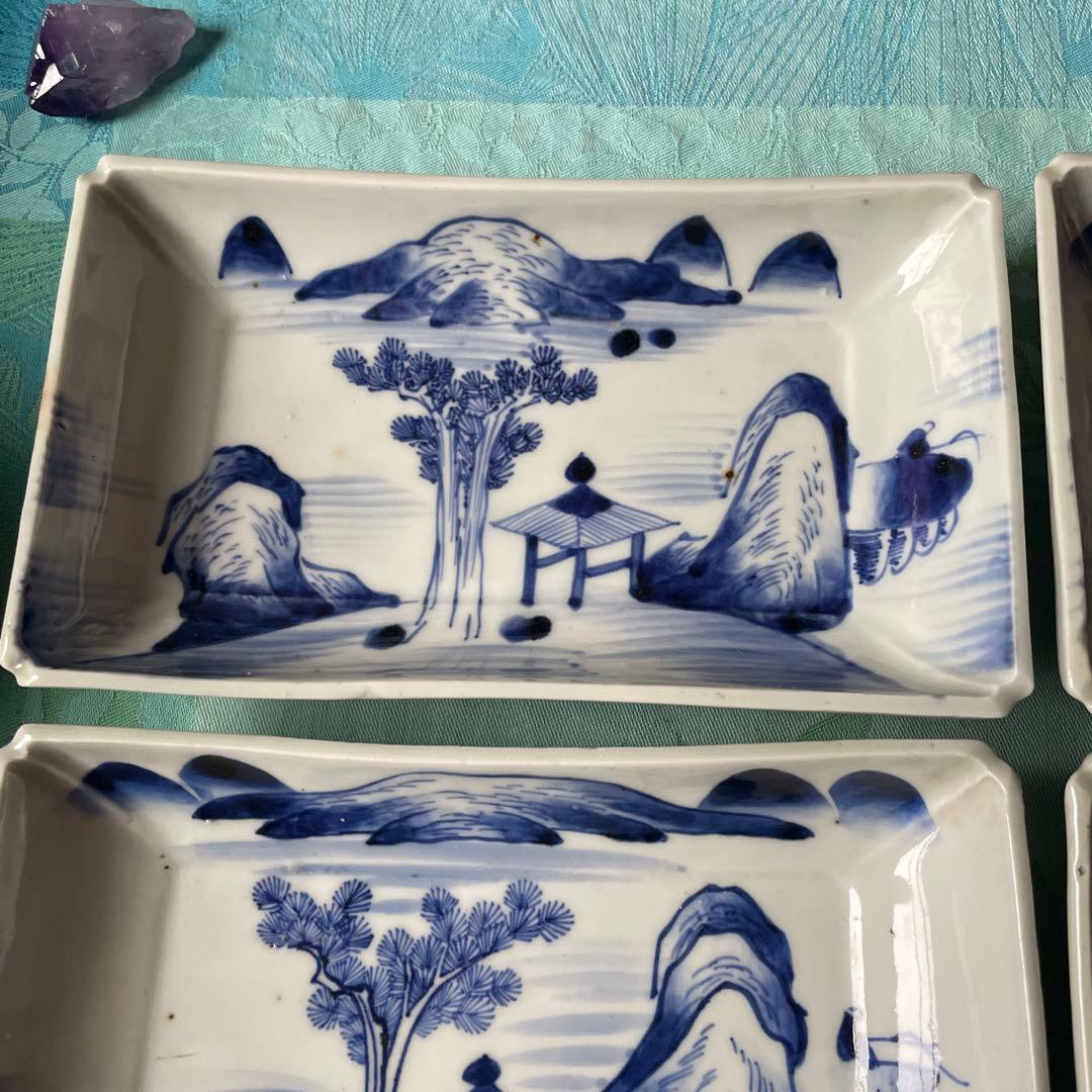【古伊万里 染付 山水図 長角皿 5客揃（江戸時代末期）】