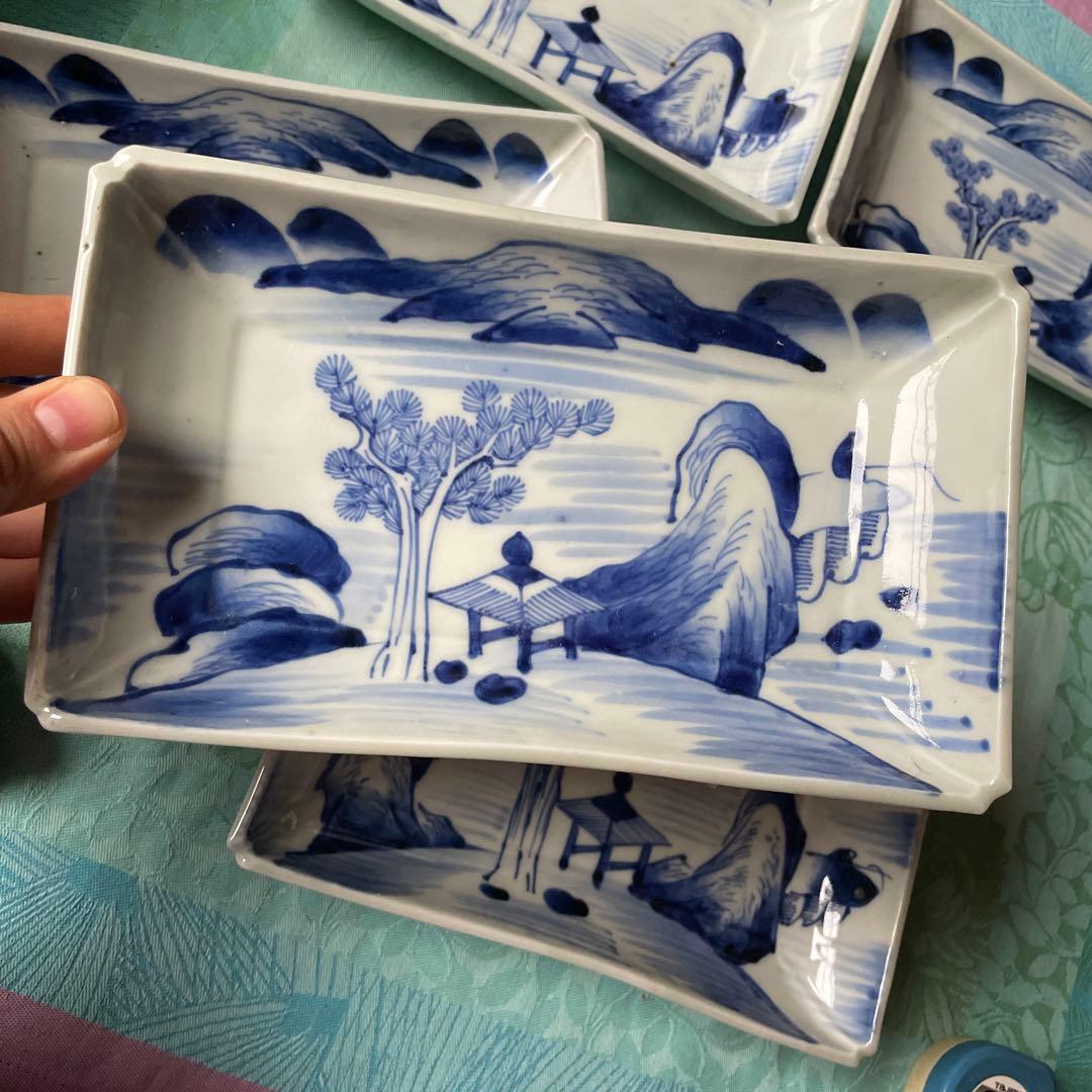 【古伊万里 染付 山水図 長角皿 5客揃（江戸時代末期）】