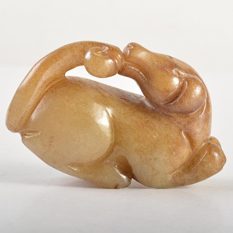 中国　玉石白玉彫刻　神獣　根付　紙鎮　置物　C　7706E