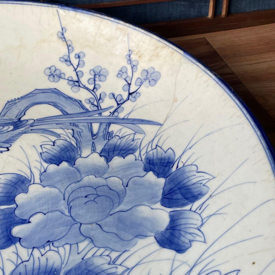 60）大皿　45.5㎝　花と鳥文様　伊万里焼　飾り皿　染付　アンティーク　レトロ