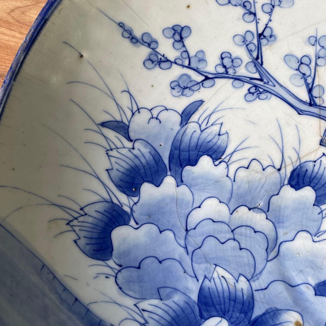 60）大皿　45.5㎝　花と鳥文様　伊万里焼　飾り皿　染付　アンティーク　レトロ