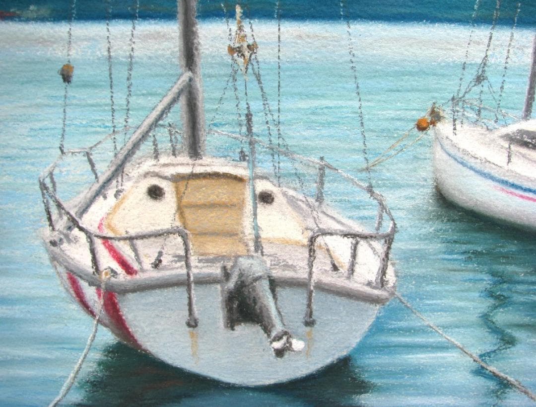 現代パステル協会,今野一恵,ヨットのある海辺,約15号紙にパステル,最高の清涼感