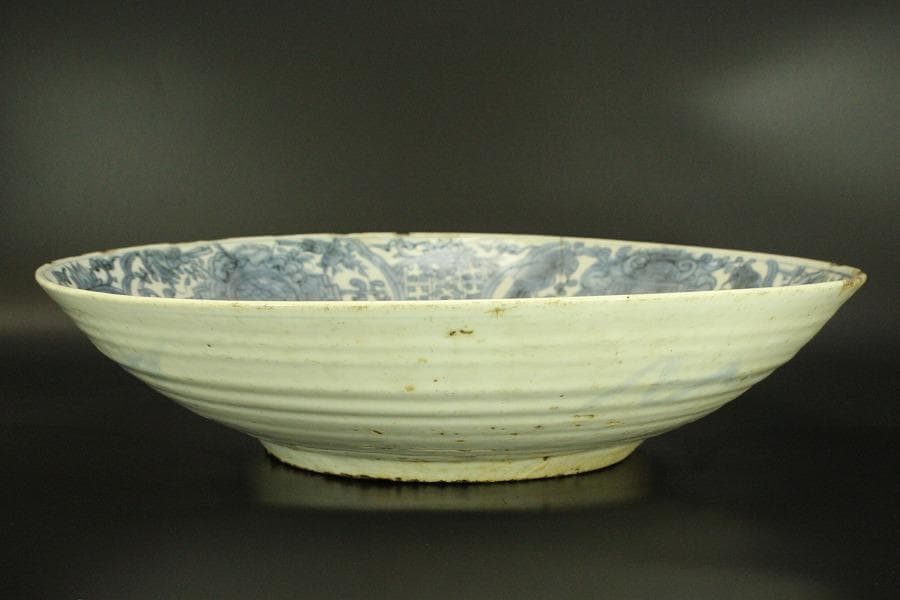 中国美術 青花 呉須 古染付 帆船図 大皿 φ47cm 明 貿易船(LC647)