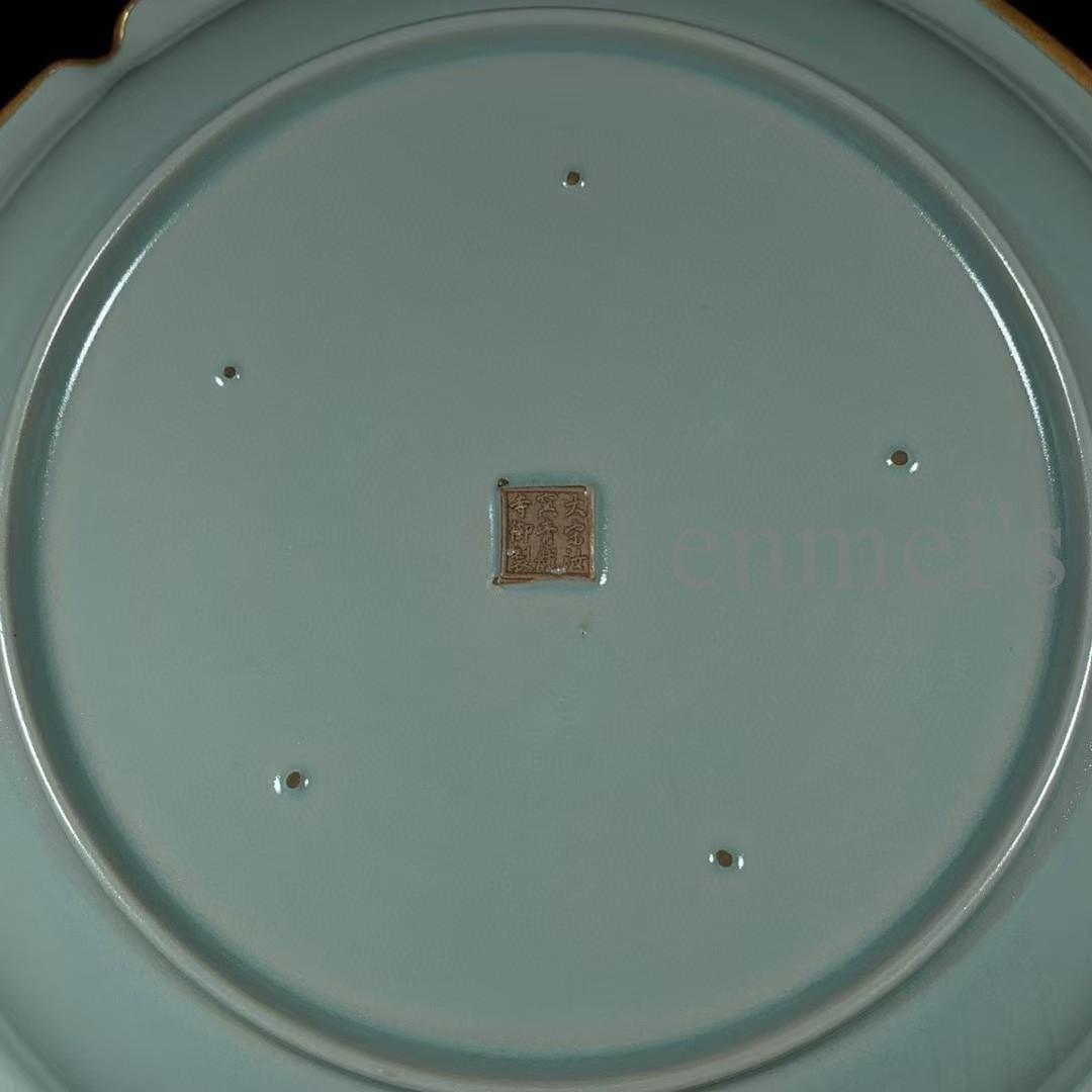 中国古美術・珍品旧蔵・宋代汝窯造花形銘文婦人図皿陶器・陶磁・文房置物・風水開運