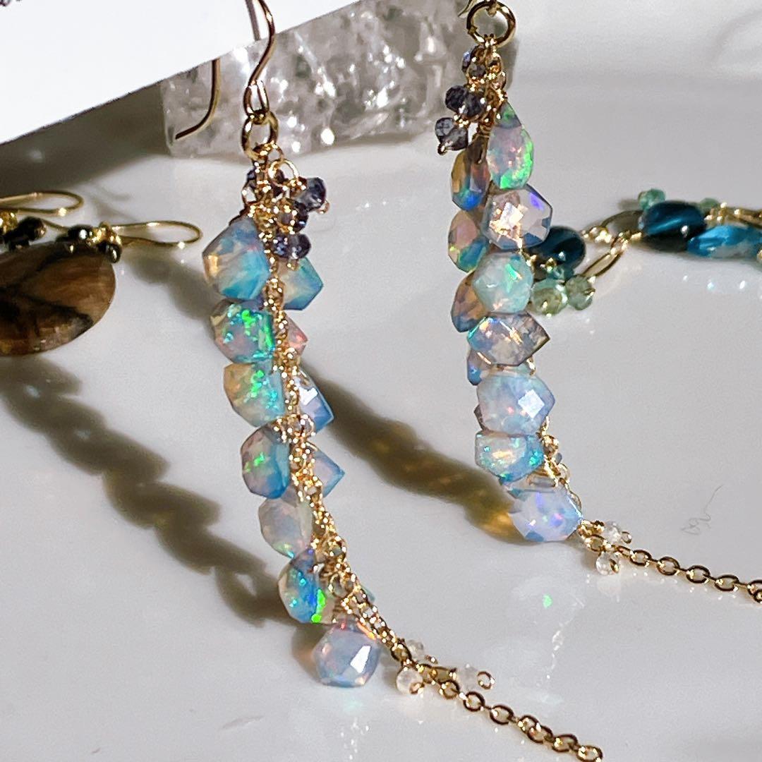 まめしば◆一点物✧エチオピアオパール×アイオライトロングピアス✧14kgf