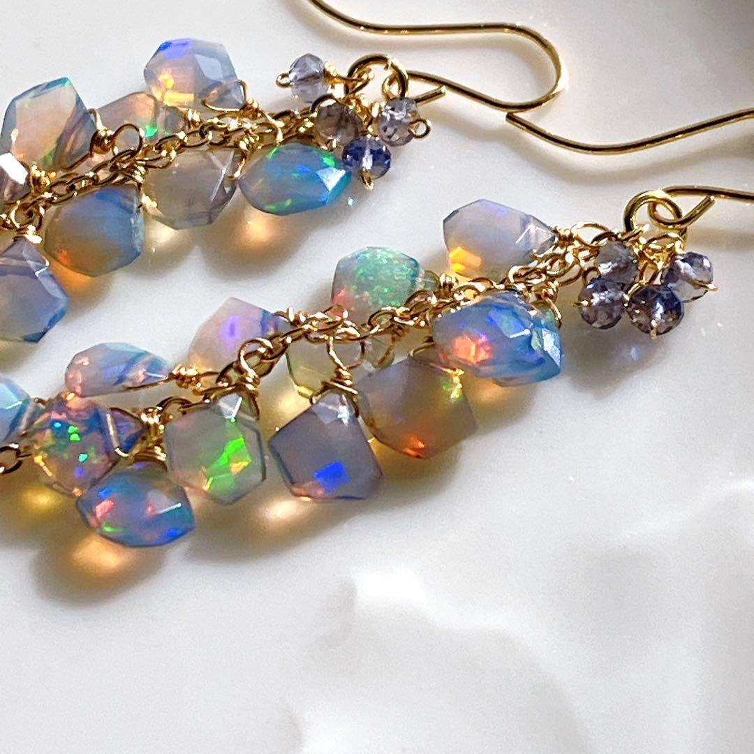 まめしば◆一点物✧エチオピアオパール×アイオライトロングピアス✧14kgf