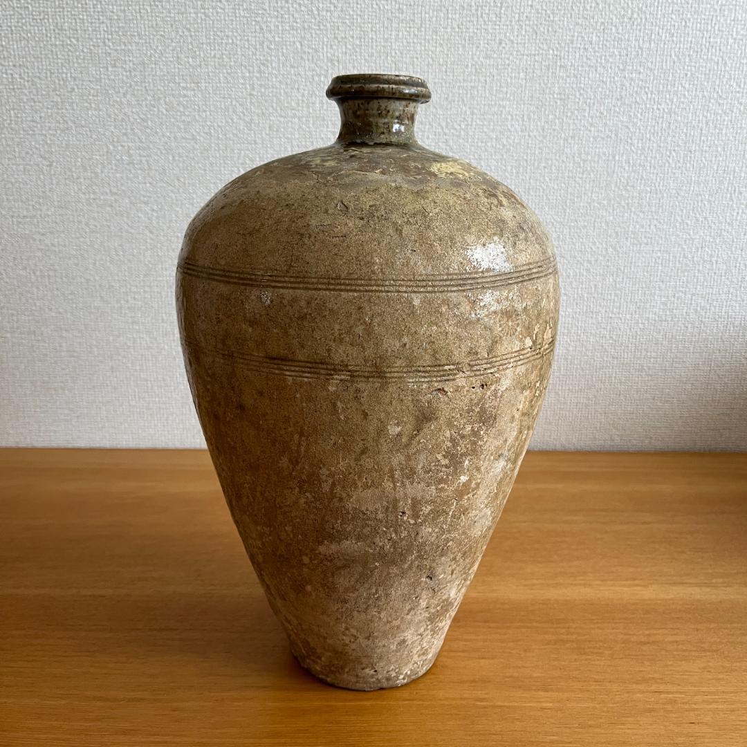 鎌倉時代 古瀬戸 灰釉瓶子 菊紋入 h32cm φ19cm