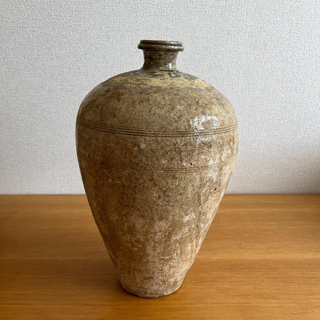 鎌倉時代 古瀬戸 灰釉瓶子 菊紋入 h32cm φ19cm