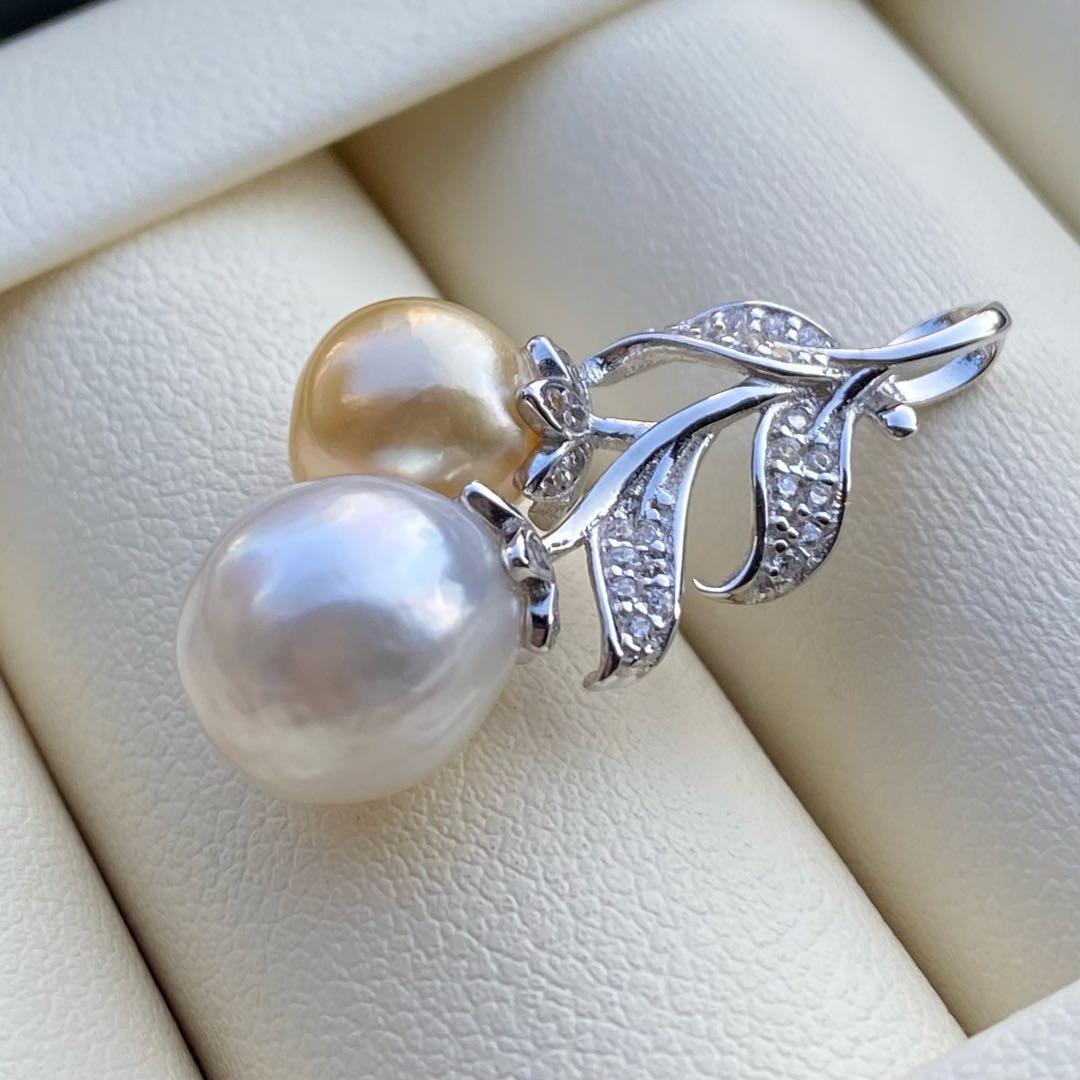 本真珠　南洋白蝶真珠ネックレストップ　10.6&9mmゴールドホワイトPT958