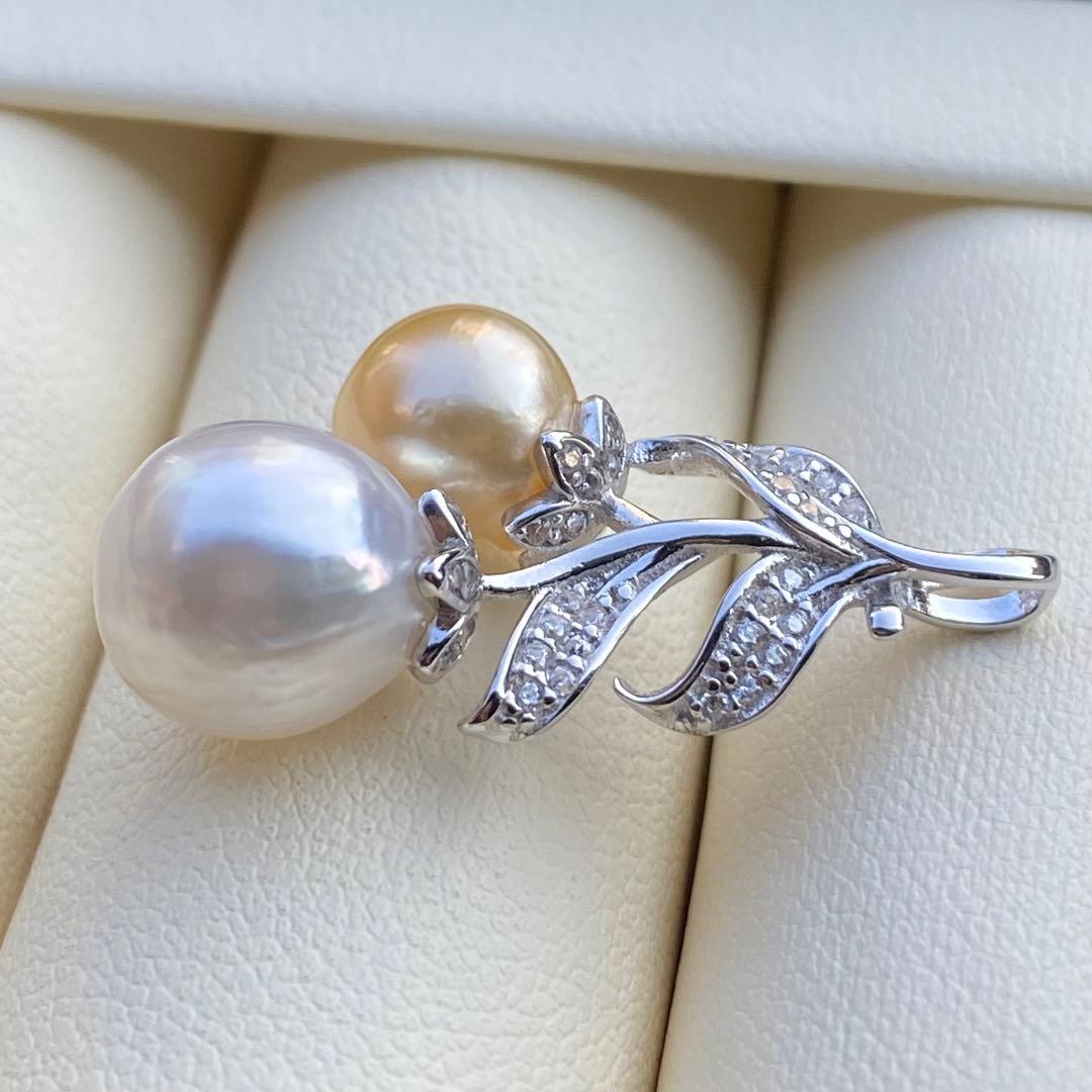 本真珠　南洋白蝶真珠ネックレストップ　10.6&9mmゴールドホワイトPT958