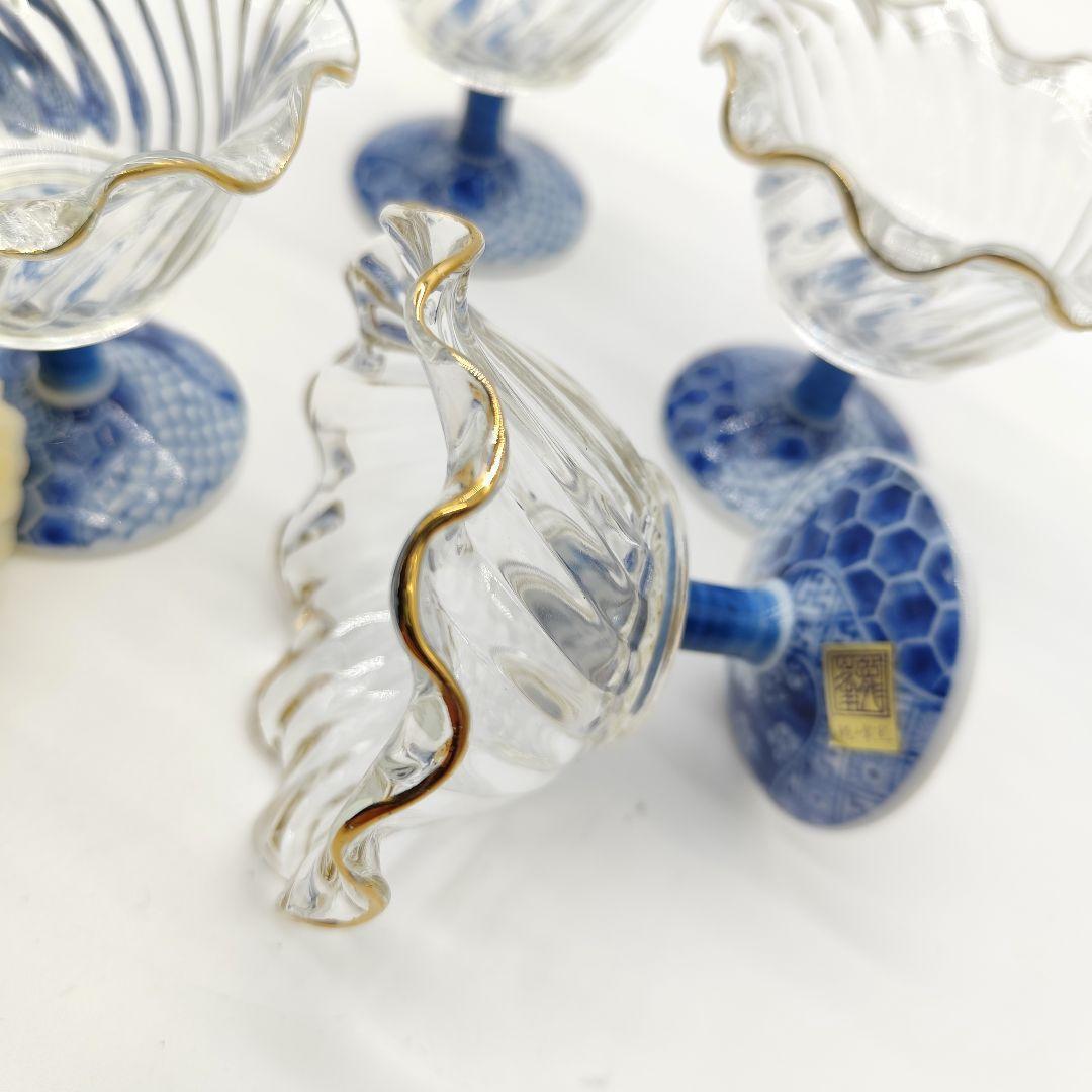 三洋陶器 龍峰窯　染付捻祥瑞　ガラスデザート鉢　足付高台小鉢　金彩５客