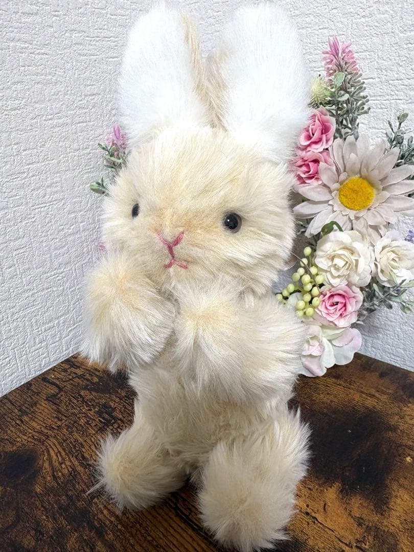 ハンドメイドぬいぐるみ ベージュ立ち耳うさぎ 寄り添ううさぎ 一点もの