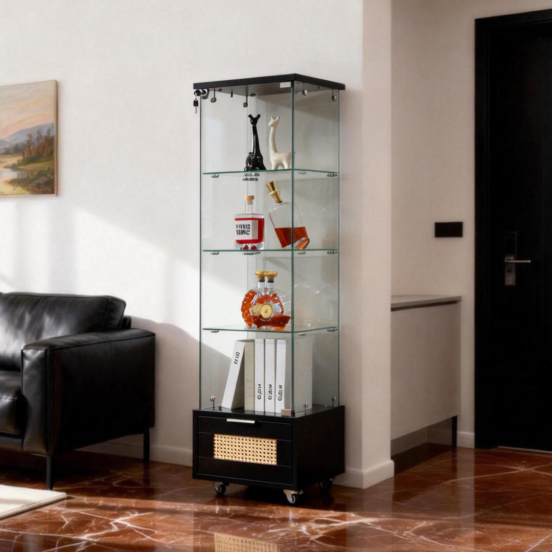 超人気！ガラスケース 高さ148cm 4段 引出付 収納棚引出付 BLACK