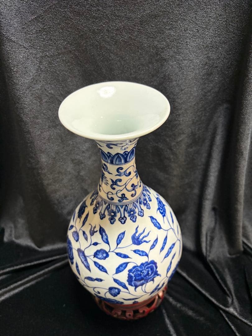 大明宣德年青花玉壺春瓶青い花柄の陶器製花瓶高さ26ｃｍ口径8ｃｍ整理品