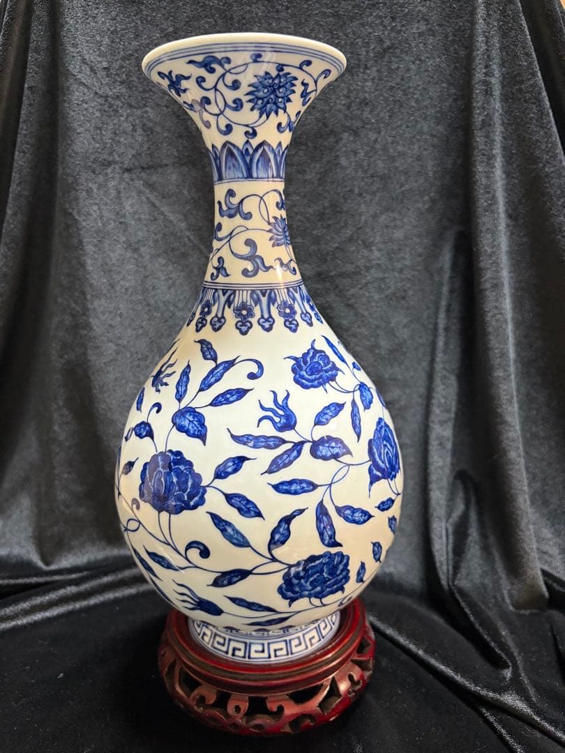 大明宣德年青花玉壺春瓶青い花柄の陶器製花瓶高さ26ｃｍ口径8ｃｍ整理品
