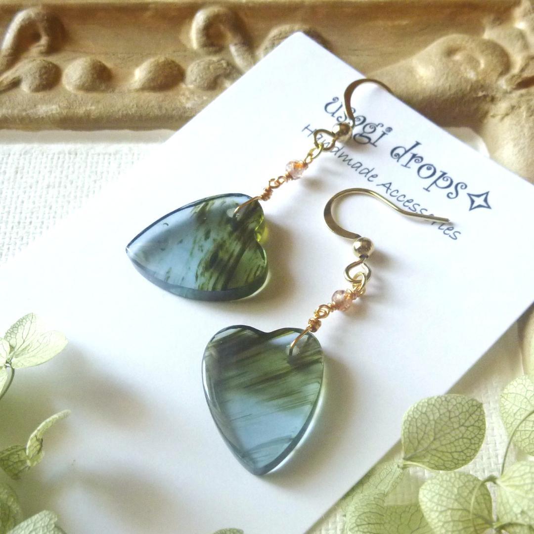 14kgf/ブルーオブシディアンと天然石ブラウンジルコン大人のハート♡ピアス