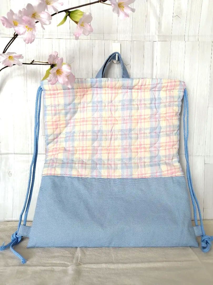 入園 入学 レッスンバッグ3点セット 【ブルー系ハート チェック】