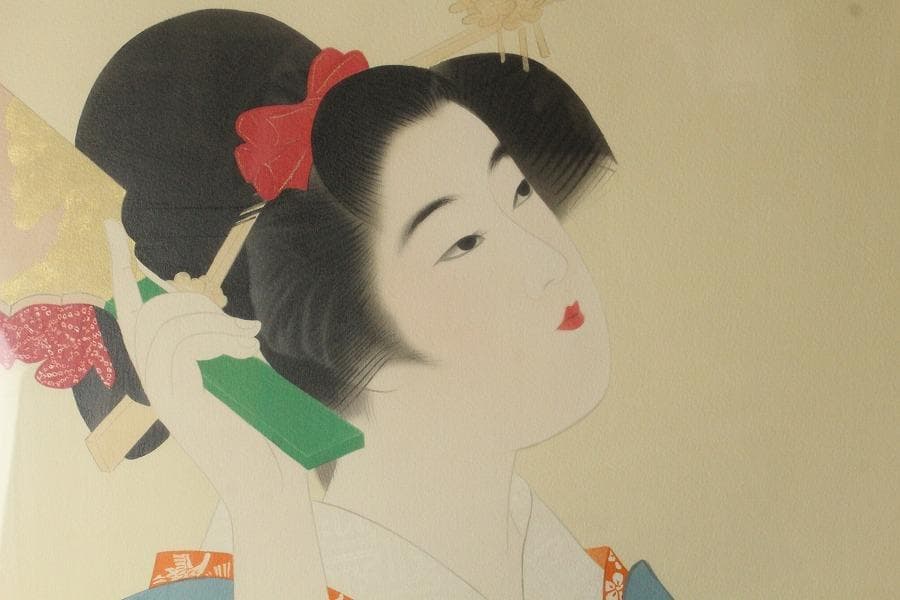 伊藤深水 木版画 350/179 額装 羽子板 美人 巨匠(K-YC667)