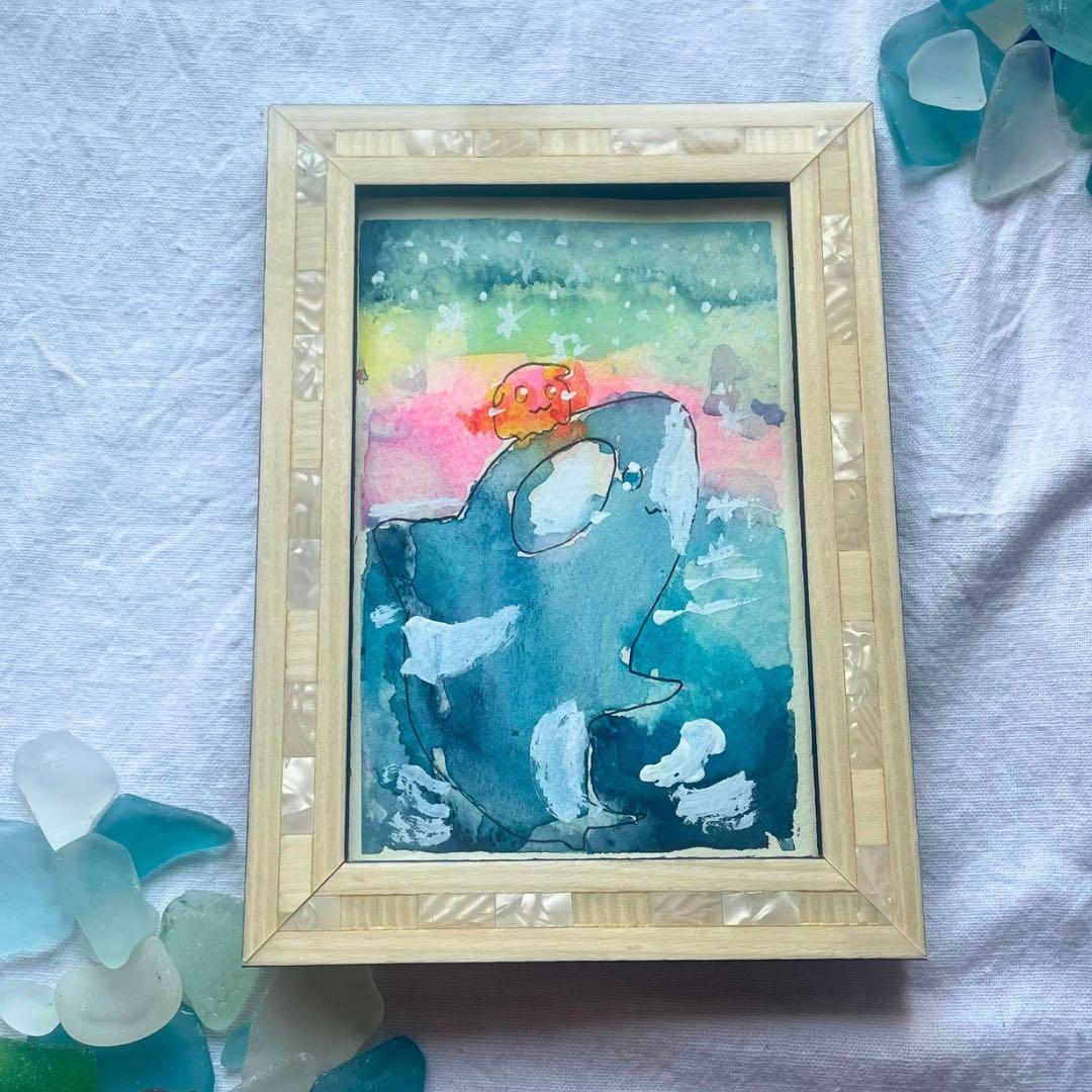 青い海を2人で旅をする/シャチとメンダコ 原画イラスト