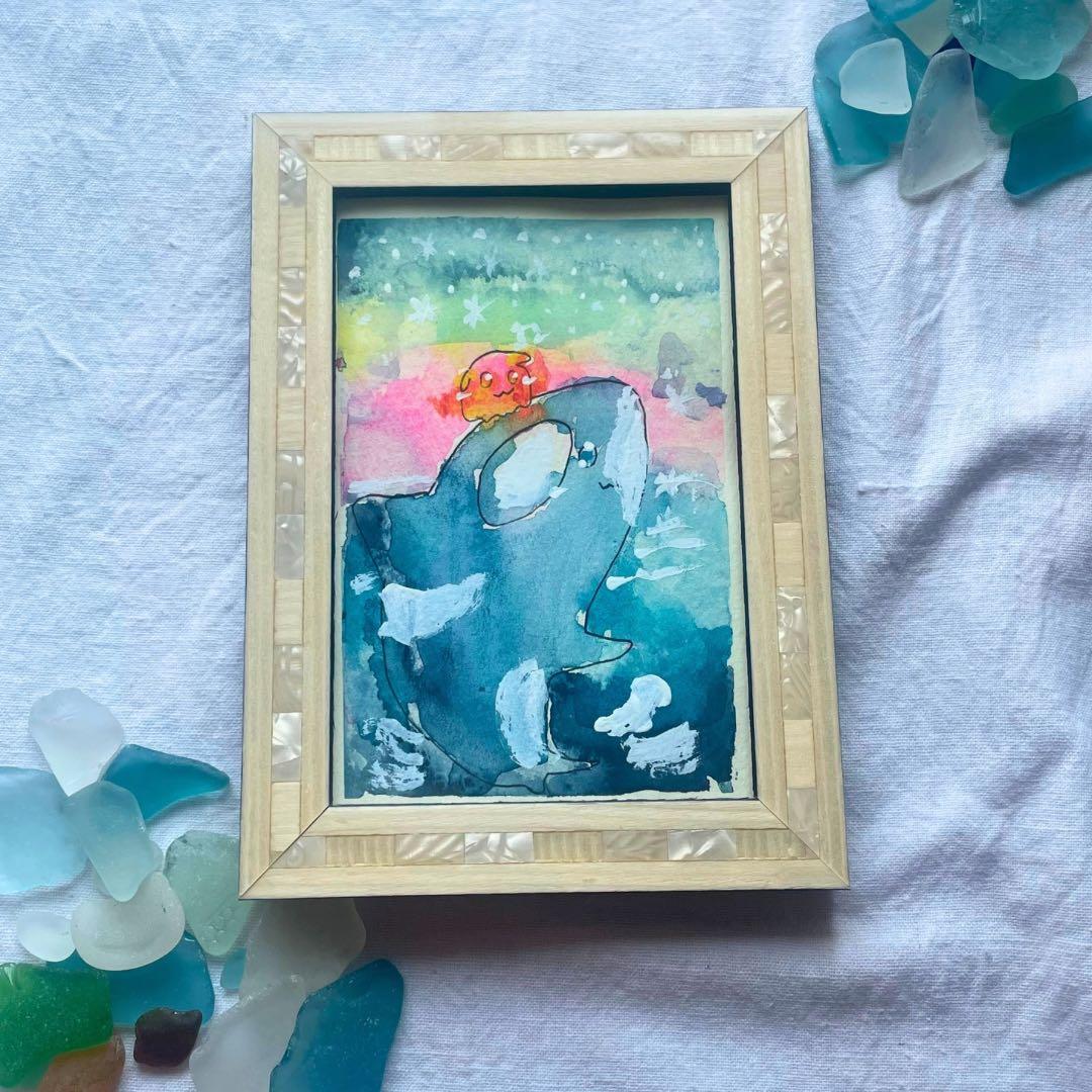 青い海を2人で旅をする/シャチとメンダコ 原画イラスト