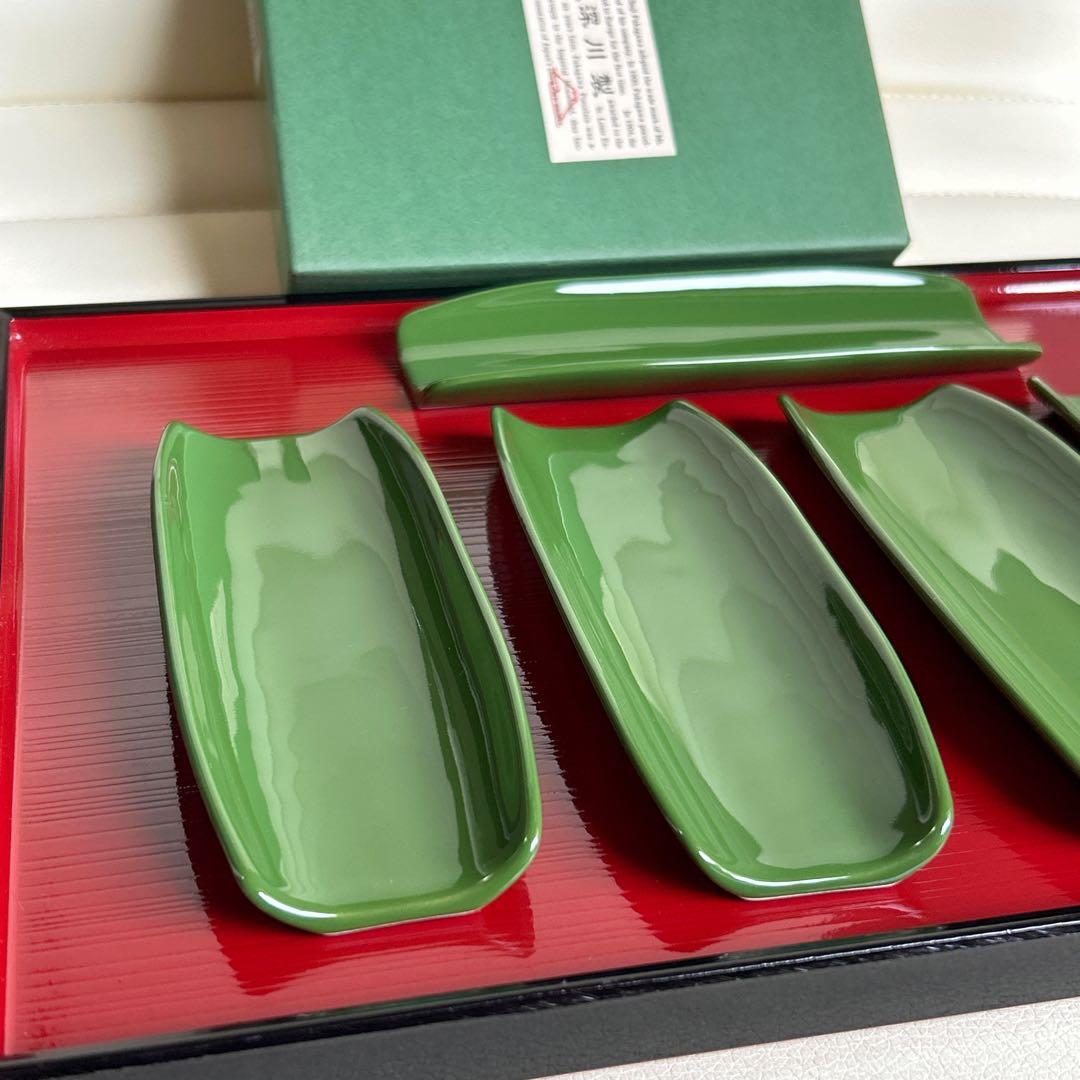 深川製磁　緑彩　おしぼり置き　5枚セット　グリーン　陶器　小皿　長皿