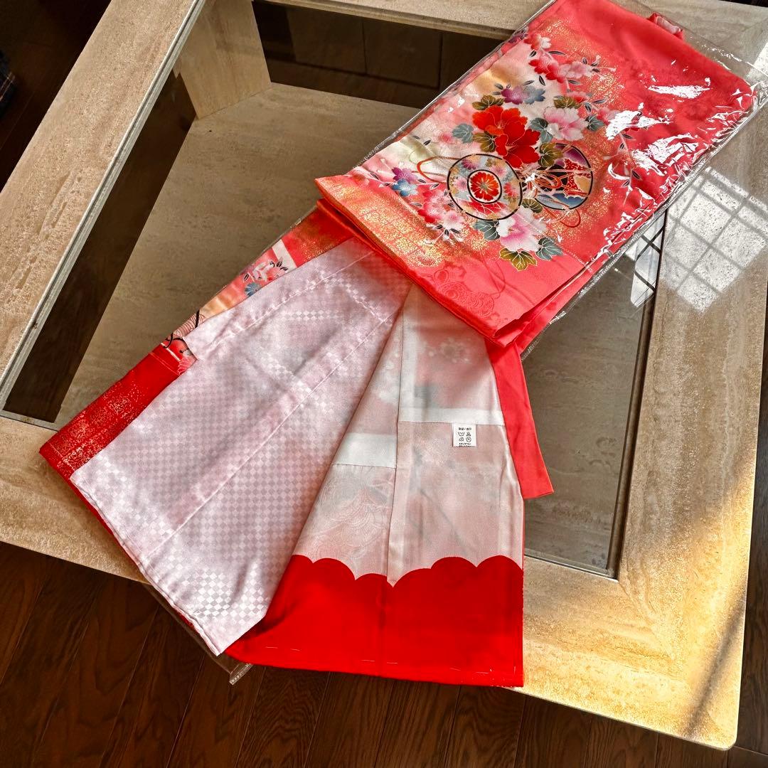 新品　正絹七五三用着物 ピンクと赤 花柄 身丈98cm お祝着物　日本製