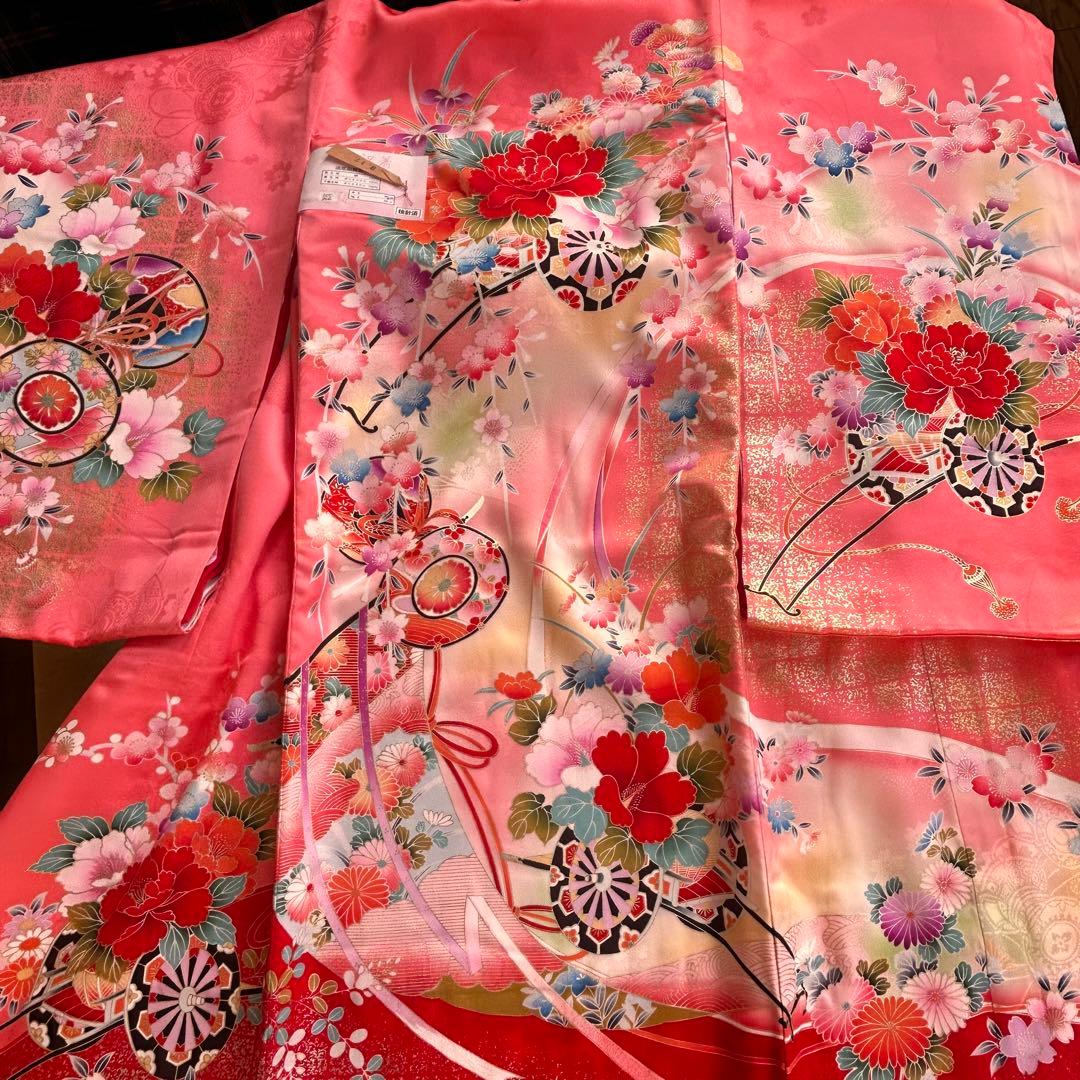 新品　正絹七五三用着物 ピンクと赤 花柄 身丈98cm お祝着物　日本製